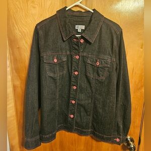 Denim And Company Womens Black Denim Jacket With Pink Buttons & Stitching Size M